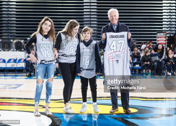 Former Vice President Joe Biden attends the Erie BayHawks v the Delaware 87ers NBA G-League game on January 20, 2018 at the Bob Carpenter Center -...