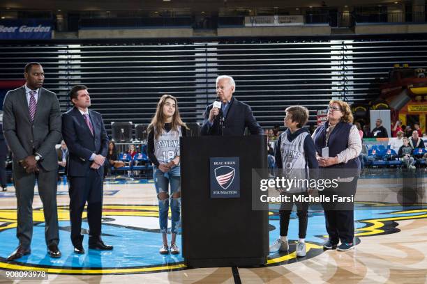 Former Vice President Joe Biden addresses the crowd at halftime during the Erie BayHawks v the Delaware 87ers NBA G-League game on January 20, 2018...