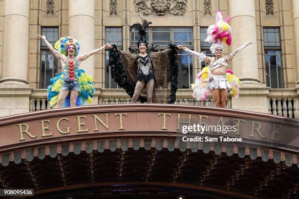 David Harris, Tony Sheldon and Euon Doidge from Priscilla Queen Of The Desert The Musical recreate the iconic Uluru moment from the movie on the...