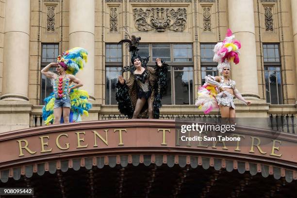 David Harris, Tony Sheldon and Euon Doidge from Priscilla Queen Of The Desert The Musical recreate the iconic Uluru moment from the movie on the...