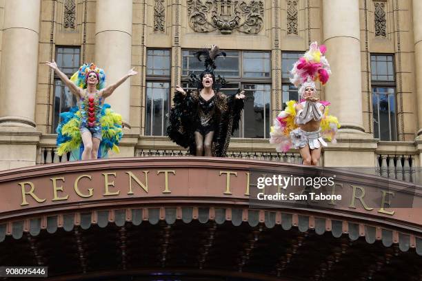 David Harris, Tony Sheldon and Euon Doidge from Priscilla Queen Of The Desert The Musical recreate the iconic Uluru moment from the movie on the...