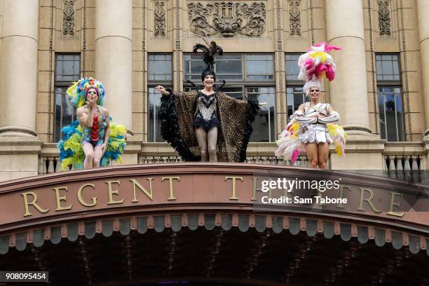 David Harris, Tony Sheldon and Euon Doidge from Priscilla Queen Of The Desert The Musical recreate the iconic Uluru moment from the movie on the...