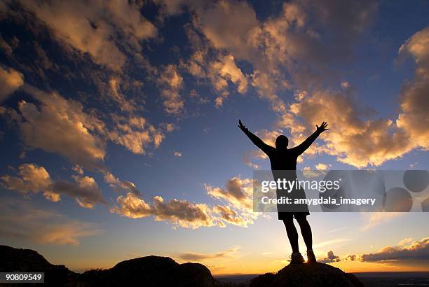 silhueta de homem com os braços levantados por do sol paisagem de céu - sandia mountains - fotografias e filmes do acervo