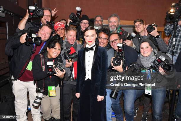 Keira Knightley posses with photographers at the "Colette" Premiere during the 2018 Sundance Film Festival at Eccles Center Theatre on January 20,...