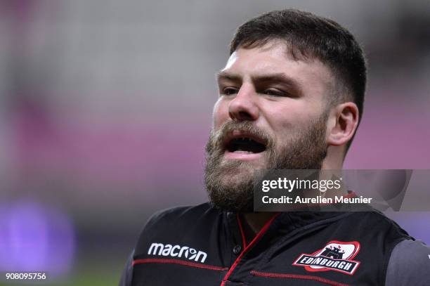 Rory Sutherland of Edinburgh reacts during warmup before the European Rugby Challenge Cup match between Stade Francais and Edinburgh at Stade...