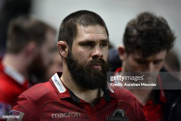 Cornell Du Preez of Edinburgh reacts during the European Rugby Challenge Cup match between Stade Francais and Edinburgh at Stade Jean-Bouin on...