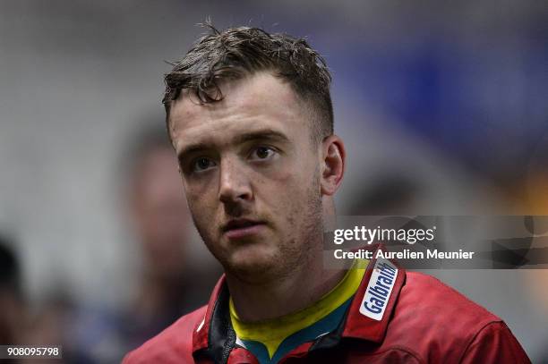 Fraser McKenzie of Edinburgh reacts during the European Rugby Challenge Cup match between Stade Francais and Edinburgh at Stade Jean-Bouin on January...