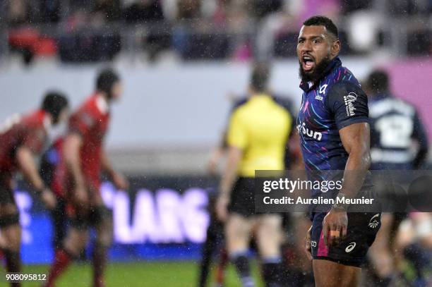 Waisea Nayacalevu of Stade Francais reacts during the European Rugby Challenge Cup match between Stade Francais and Edinburgh at Stade Jean-Bouin on...