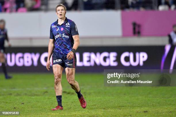 Tony Ensor of Stade Francais reacts during the European Rugby Challenge Cup match between Stade Francais and Edinburgh at Stade Jean-Bouin on January...