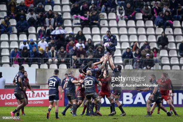 Sekou Macalou of Stade Francais jumps for the ball during the European Rugby Challenge Cup match between Stade Francais and Edinburgh at Stade...