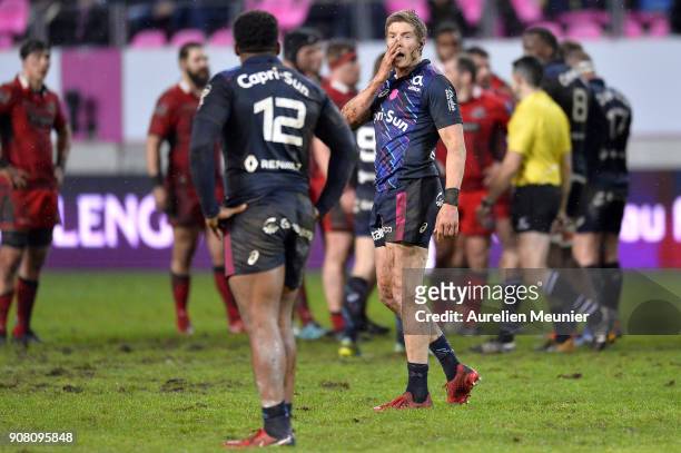 Tony Ensor of Stade Francais reacts during the European Rugby Challenge Cup match between Stade Francais and Edinburgh at Stade Jean-Bouin on January...