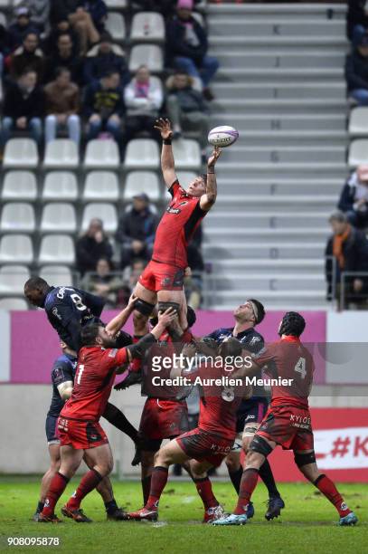 Jaimie Ritchie of Edinburgh jumps for the ball during the European Rugby Challenge Cup match between Stade Francais and Edinburgh at Stade Jean-Bouin...