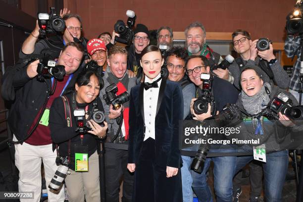 Actor Keira Knightley poses with photographers at the "Colette" Premiere during the 2018 Sundance Film Festival at Eccles Center Theatre on January...