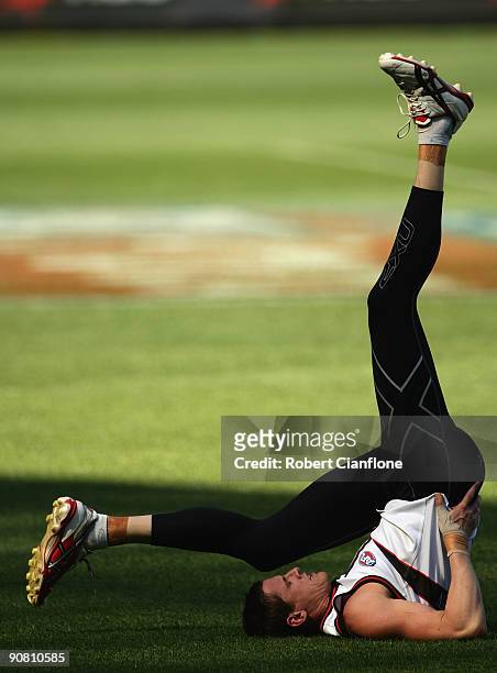 Michael Gardinerof the Saints stretches during a St Kilda Saints AFL training session at the MCGon September 16, 2009 in Melbourne, Australia.
