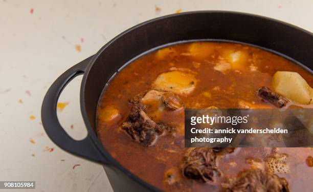cast iron casserole with oxtail ragoût. - casserole stock pictures, royalty-free photos & images