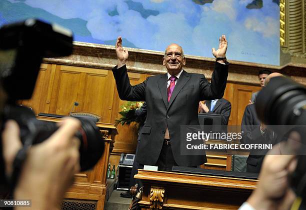 Outgoing Federal Councillor Pascal Couchepin acknowledges the Federal Assembly after delivering a speech on September 16, 2009 in Bern. The Minister...