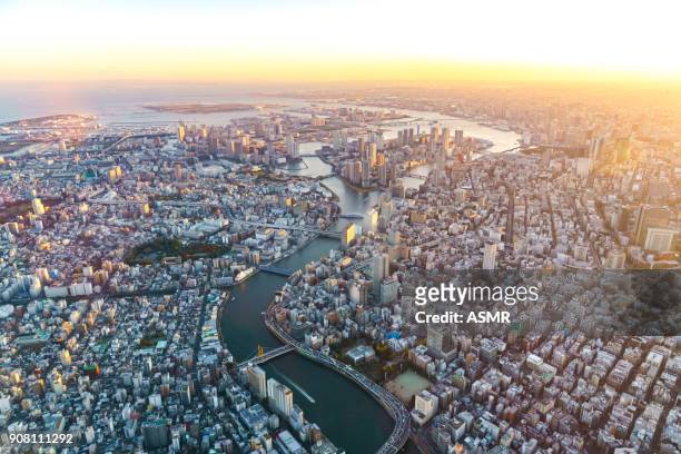 aerial view of tokyo japan - high street stock pictures, royalty-free photos & images