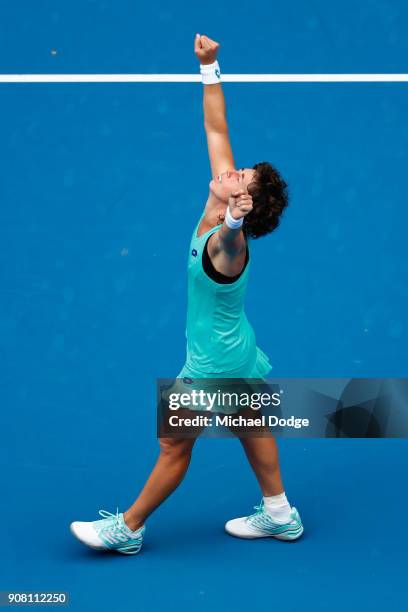 Carla Suarez Navarro of Spain celebrates winning her fourth round match against Anett Kontaveit of Estonia on day seven of the 2018 Australian Open...