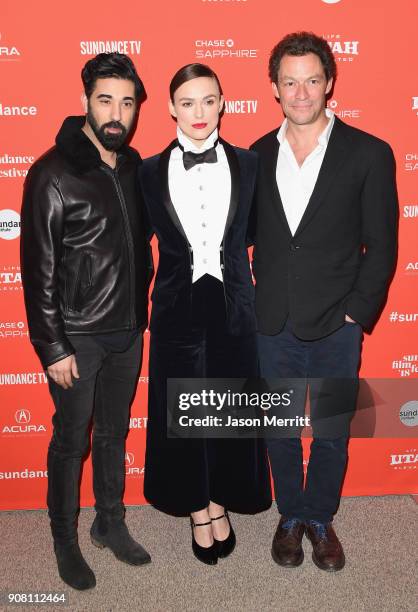 Actors Ray Panthaki, Keira Knightley and Dominic West attend the "Colette" Premiere during the 2018 Sundance Film Festival at Eccles Center Theatre...