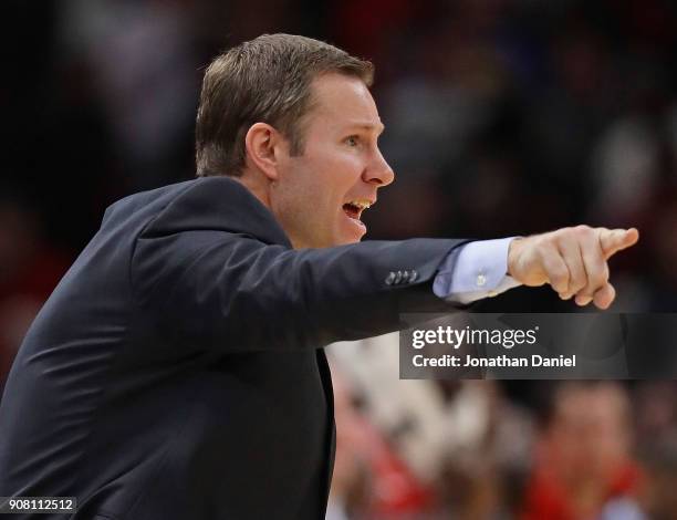 Head coach Fred Hoiberg of the Chicago Bulls gives instructions to his team against the Golden State Warriors at the United Center on January 17,...