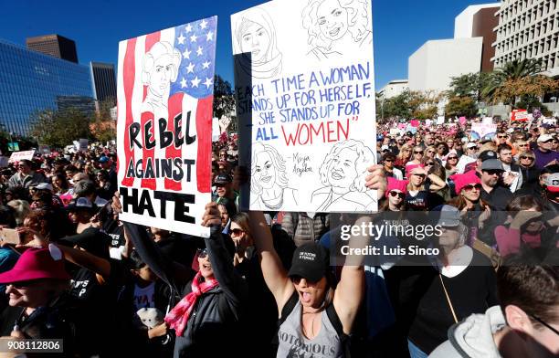 Thousands of protesters converge on Grand Park in downtown Los Angeles during Womens March L.A. 2018 on Saturday, Jan. 20, 2018. Marchers sought to...