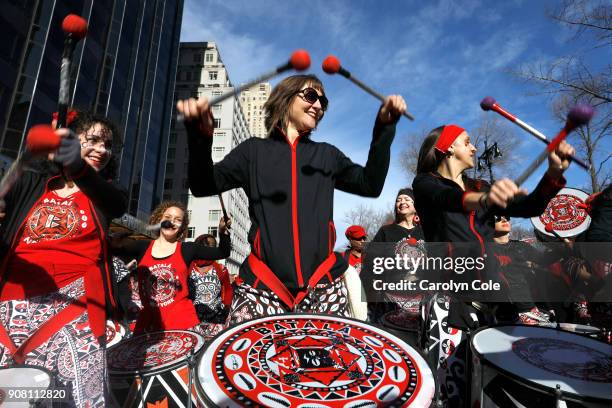 Members of Batala New York participate in the women's march in New York. Tens of thousands take part in in the march for women's rights on Saturday,...