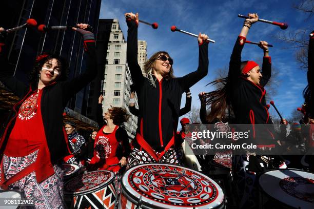 Tens of thousands take part in in the march for women's rights on Saturday, Jan. 20, 2018 in New York on the anniversary of President Trump's...