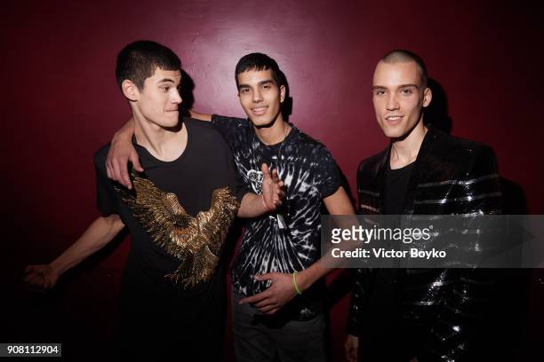 Models from the show attend the Balmain Homme Menswear Fall/Winter 2018-2019 aftershow as part of Paris Fashion Week on January 20, 2018 in Paris,...