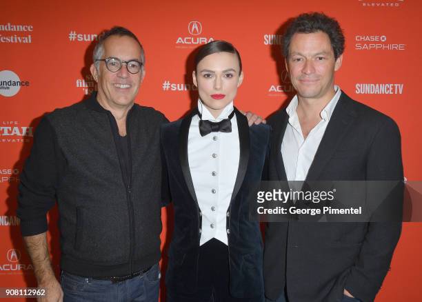 Sundance Film Festival Director John Cooper, Actors Keira Knightley and Dominic West attend the "Colette" Premiere during the 2018 Sundance Film...