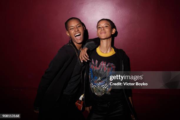 Ysaunny Brito and Dilone attend the Balmain Homme Menswear Fall/Winter 2018-2019 aftershow as part of Paris Fashion Week on January 20, 2018 in...