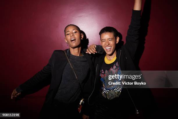 Ysaunny Brito and Dilone attend the Balmain Homme Menswear Fall/Winter 2018-2019 aftershow as part of Paris Fashion Week on January 20, 2018 in...