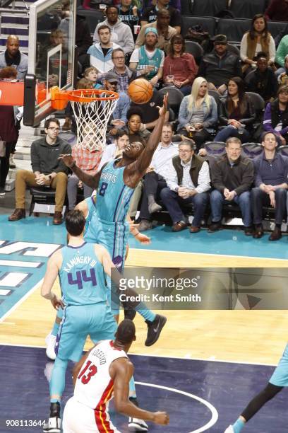 Johnny O'Bryant III of the Charlotte Hornets rebounds the ball during the game against the Miami Heat on January 20, 2018 at Spectrum Center in...