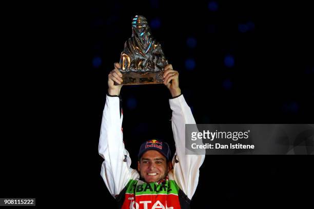 Ignacio Casale of Chile and Casale Racing celebrates victory on the podium after stage fourteen of the 2018 Dakar Rally, a loop stage to and from...