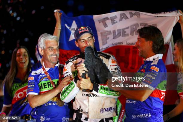 Ignacio Casale of Chile and Casale Racing celebrates victory on the podium after stage fourteen of the 2018 Dakar Rally, a loop stage to and from...