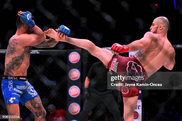Henry Corrales and Georgi Karakhanyan during the their Featherweight fight at Bellator 192 at The Forum on January 20, 2018 in Inglewood, California....