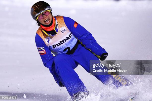 Xu Mengtao of China celebrates her jump during the Super Final round of the Putnam Freestyle World Cup at the Lake Placid Olympic Ski Jumping Complex...