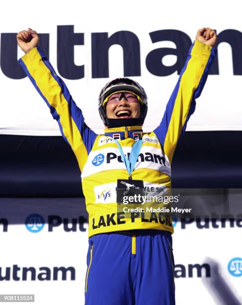 Xu Mengtao of China celebrates after winning the Putnam Freestyle World Cup at the Lake Placid Olympic Ski Jumping Complex on January 20, 2018 in...