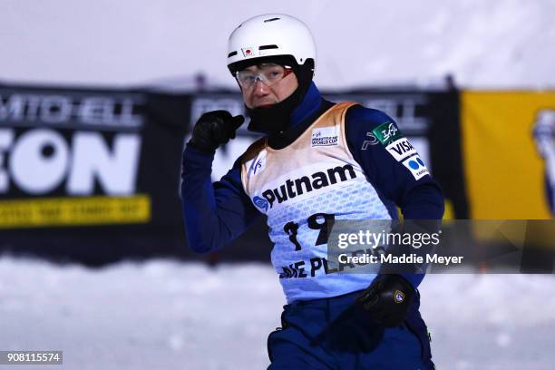 Naoya Tabara of Japan celebrates his jump during the Super Final round of the Putnam Freestyle World Cup at the Lake Placid Olympic Ski Jumping...