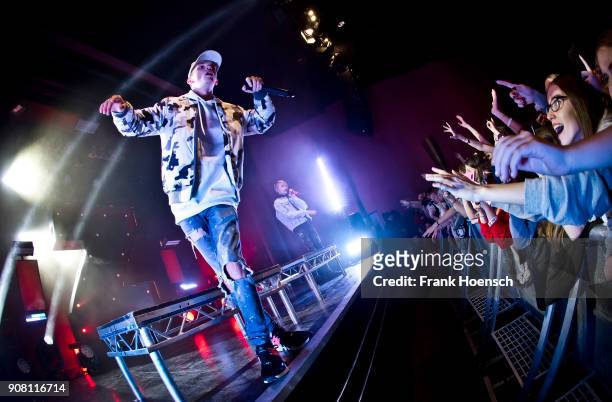 Singer Charlie Lenehan and Leondre Devries of the British band Bars and Melody perform live on stage during a concert at the Columbia Theater on...