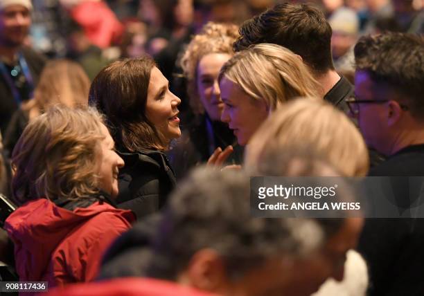 Maggie Gyllenhaal greets Carey Mulligan at the 'Wildlife' Premiere during the 2018 Sundance Film Festival at Eccles Theater on January 20, 2018 in...