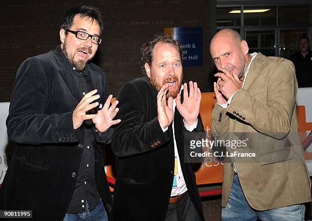 Co-Director Paco Plaza, TIFF programer Colin Geddes and co-director Jaume Balaguero arrive at the "[Rec] 2" screening during the 2009 Toronto...