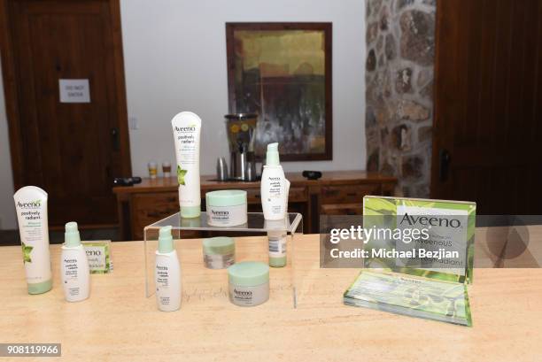 View of the Aveeno products on display attends WanderLuxxe House presents Daily Fitness with Trammell Logan and AVEENO on January 20, 2018 in Park...