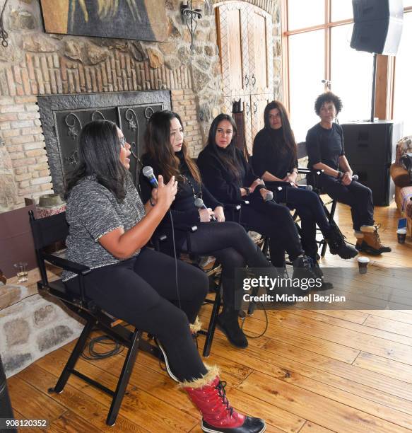 Darrien Gipson, and filmmakers Nina Yang Bongiovi, Nikki Silver, Robbie Brenner, and Stephanie Allain speak during WanderLuxxe House presents "Women...