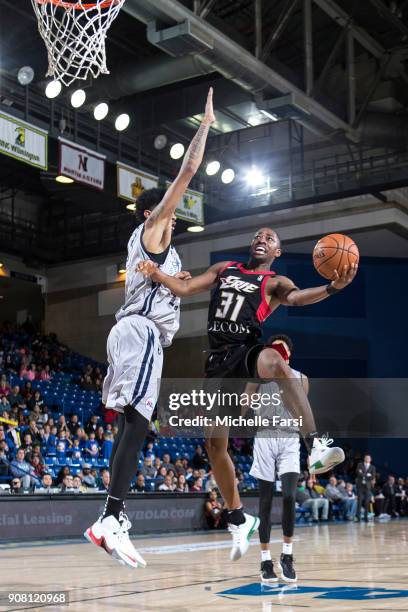 Isaiah Taylor of the Erie BayHawks shoots the ball against the Delaware 87ers during an NBA G-League game on January 20, 2018 at the Bob Carpenter...