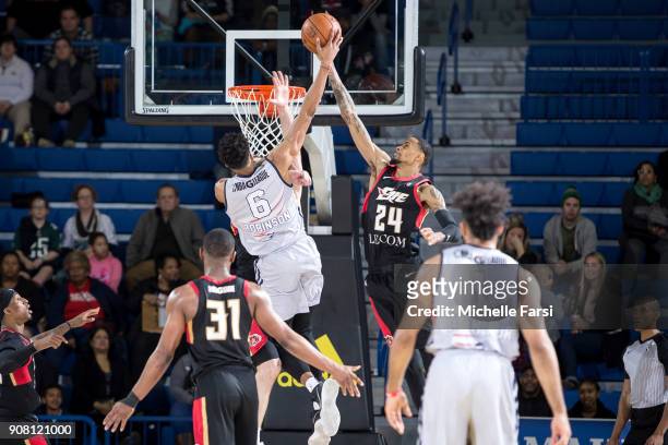 Raphiael Putney of the Erie BayHawks shoots against the Delware 87ers during an NBA G-League game on January 20, 2018 at the Bob Carpenter Center -...