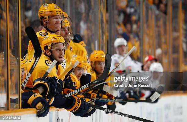 Anthony Bitetto and Scott Hartnell of the Nashville Predators watch the final seconds of the third period against the Florida Panthers during an NHL...