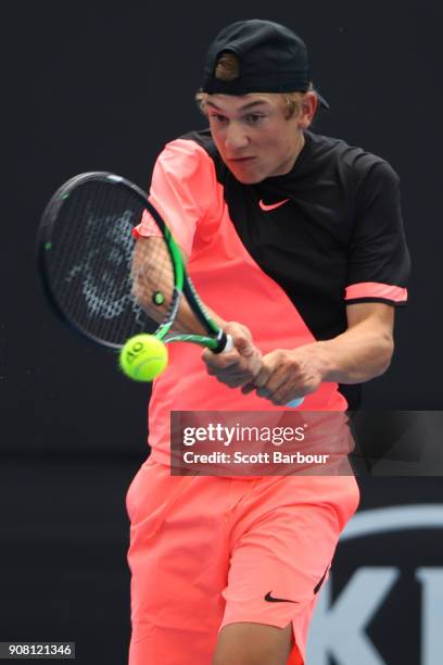Jack Draper of South Africa plays a backhand against Dalibor Svrcina of the Czech Republic during the Australian Open 2018 Junior Championships at...