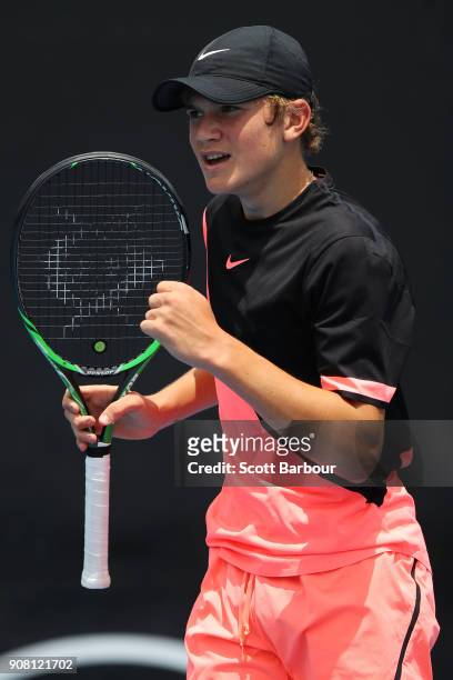 Jack Draper of South Africa celebrates winning a point against Dalibor Svrcina of the Czech Republic during the Australian Open 2018 Junior...