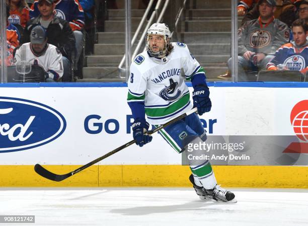 Christopher Tanev of the Vancouver Canucks skates during the game against the Edmonton Oilers on January 20, 2017 at Rogers Place in Edmonton,...
