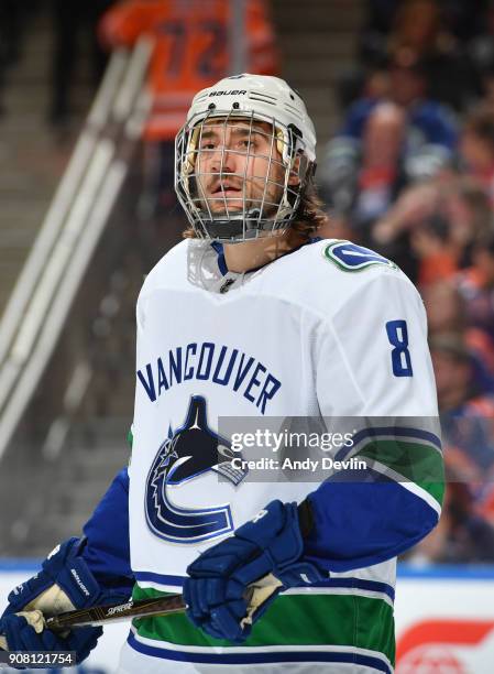 Christopher Tanev of the Vancouver Canucks skates during the game against the Edmonton Oilers on January 20, 2017 at Rogers Place in Edmonton,...